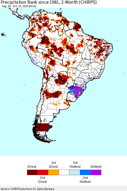South America Precipitation Rank since 1981, 2-Month (CHIRPS) Thematic Map For 8/26/2023 - 10/25/2023