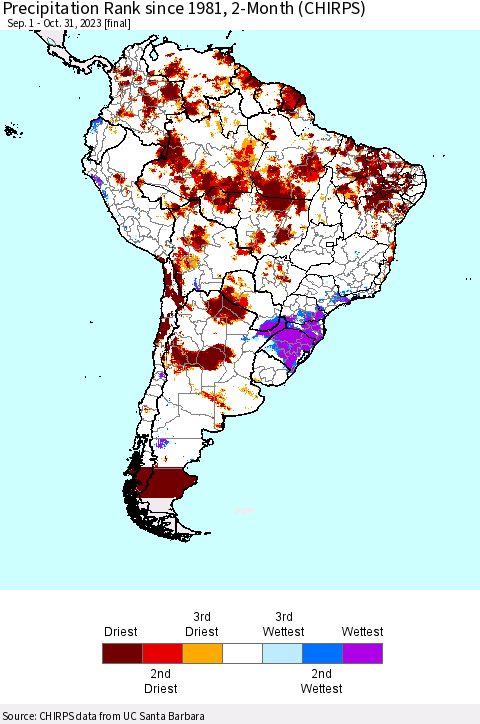 South America Precipitation Rank since 1981, 2-Month (CHIRPS) Thematic Map For 9/1/2023 - 10/31/2023