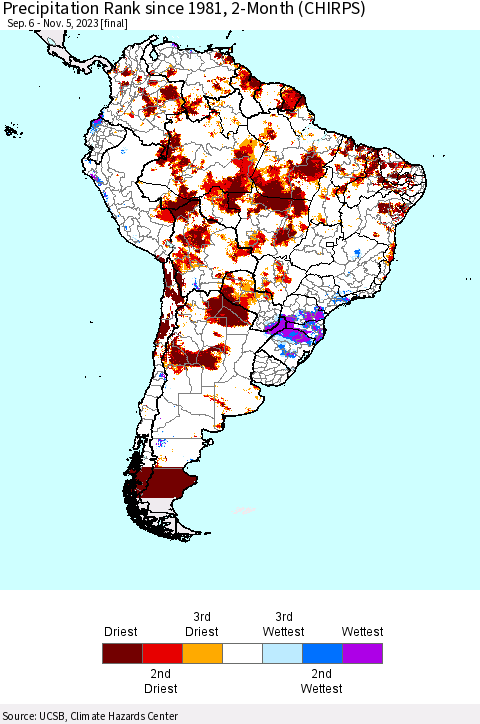 South America Precipitation Rank since 1981, 2-Month (CHIRPS) Thematic Map For 9/6/2023 - 11/5/2023