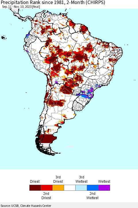 South America Precipitation Rank since 1981, 2-Month (CHIRPS) Thematic Map For 9/11/2023 - 11/10/2023