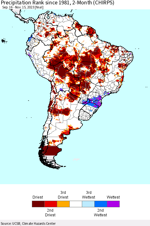 South America Precipitation Rank since 1981, 2-Month (CHIRPS) Thematic Map For 9/16/2023 - 11/15/2023