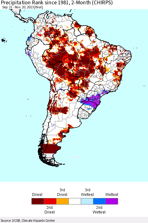 South America Precipitation Rank since 1981, 2-Month (CHIRPS) Thematic Map For 9/21/2023 - 11/20/2023