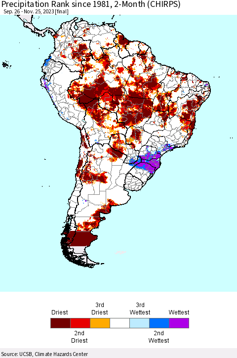 South America Precipitation Rank since 1981, 2-Month (CHIRPS) Thematic Map For 9/26/2023 - 11/25/2023