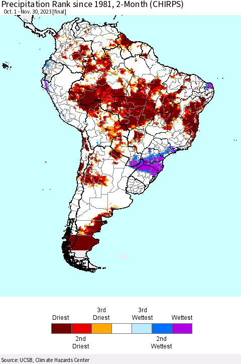 South America Precipitation Rank since 1981, 2-Month (CHIRPS) Thematic Map For 10/1/2023 - 11/30/2023