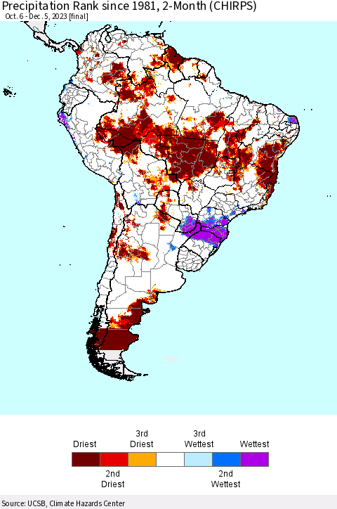 South America Precipitation Rank since 1981, 2-Month (CHIRPS) Thematic Map For 10/6/2023 - 12/5/2023