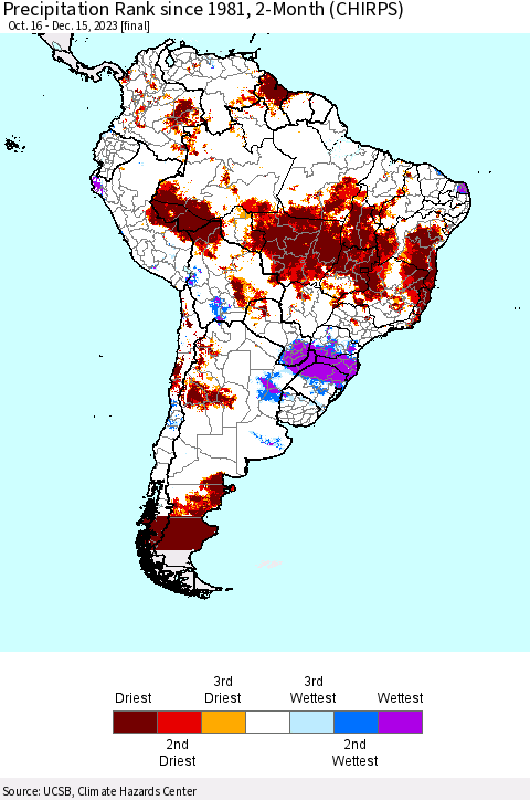South America Precipitation Rank since 1981, 2-Month (CHIRPS) Thematic Map For 10/16/2023 - 12/15/2023
