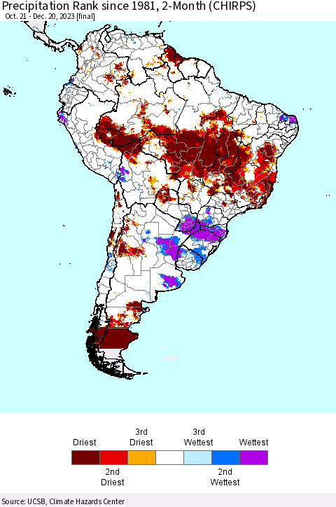 South America Precipitation Rank since 1981, 2-Month (CHIRPS) Thematic Map For 10/21/2023 - 12/20/2023