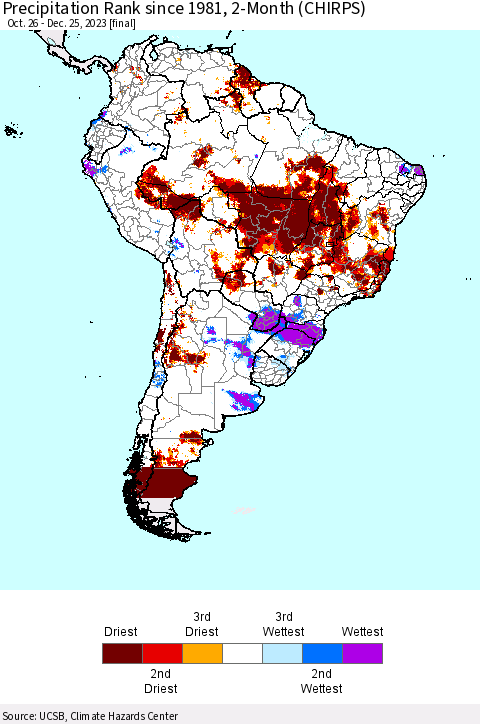 South America Precipitation Rank since 1981, 2-Month (CHIRPS) Thematic Map For 10/26/2023 - 12/25/2023