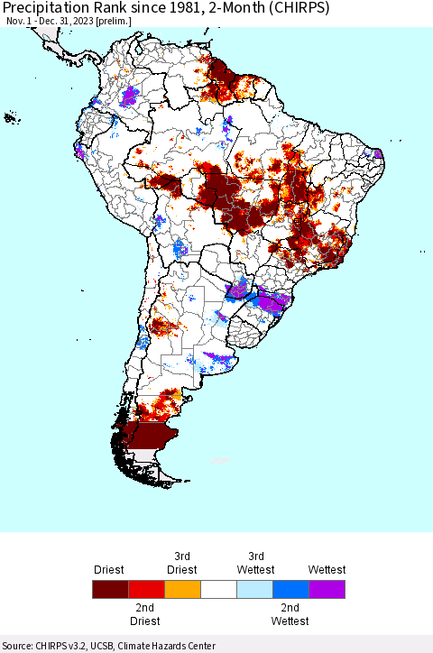 South America Precipitation Rank since 1981, 2-Month (CHIRPS) Thematic Map For 11/1/2023 - 12/31/2023