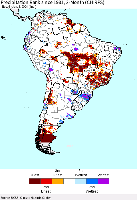 South America Precipitation Rank since 1981, 2-Month (CHIRPS) Thematic Map For 11/6/2023 - 1/5/2024
