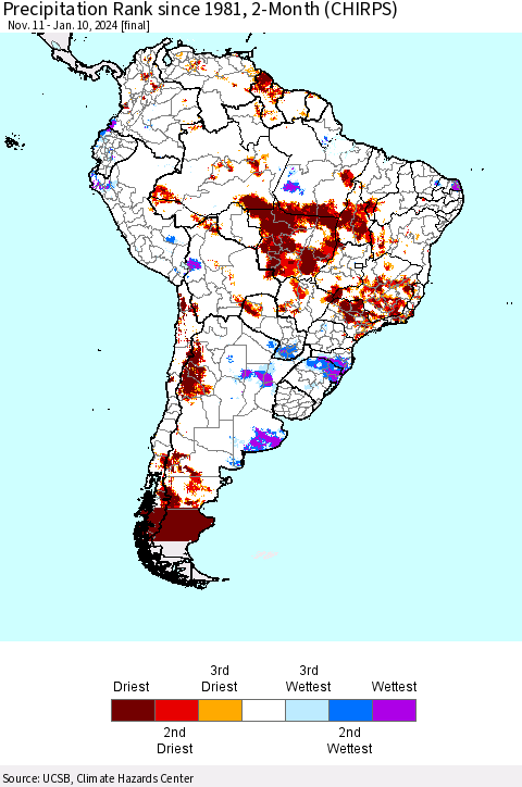 South America Precipitation Rank since 1981, 2-Month (CHIRPS) Thematic Map For 11/11/2023 - 1/10/2024