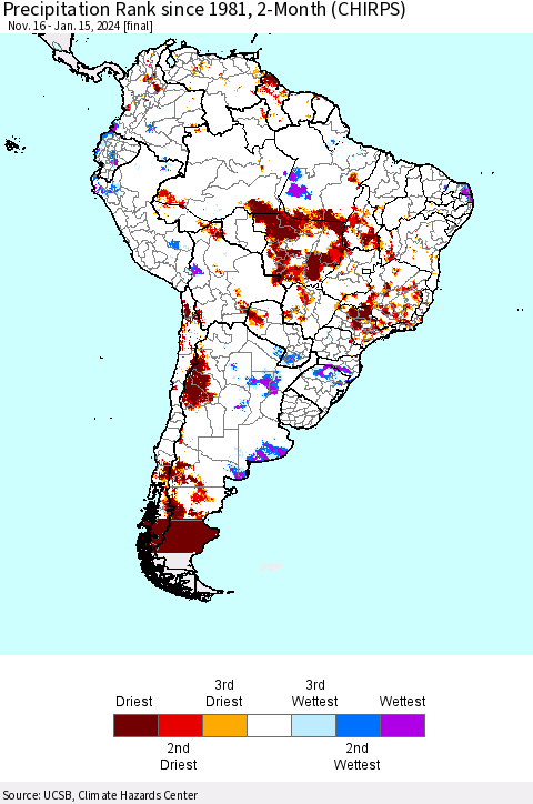 South America Precipitation Rank since 1981, 2-Month (CHIRPS) Thematic Map For 11/16/2023 - 1/15/2024