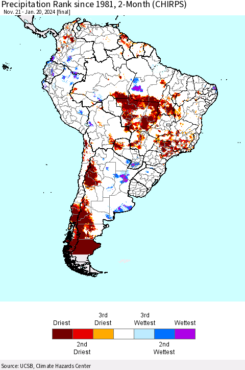 South America Precipitation Rank since 1981, 2-Month (CHIRPS) Thematic Map For 11/21/2023 - 1/20/2024
