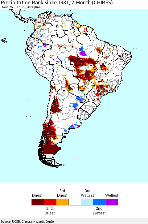 South America Precipitation Rank since 1981, 2-Month (CHIRPS) Thematic Map For 11/26/2023 - 1/25/2024