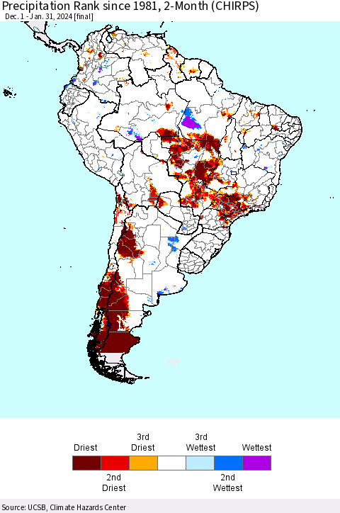 South America Precipitation Rank since 1981, 2-Month (CHIRPS) Thematic Map For 12/1/2023 - 1/31/2024