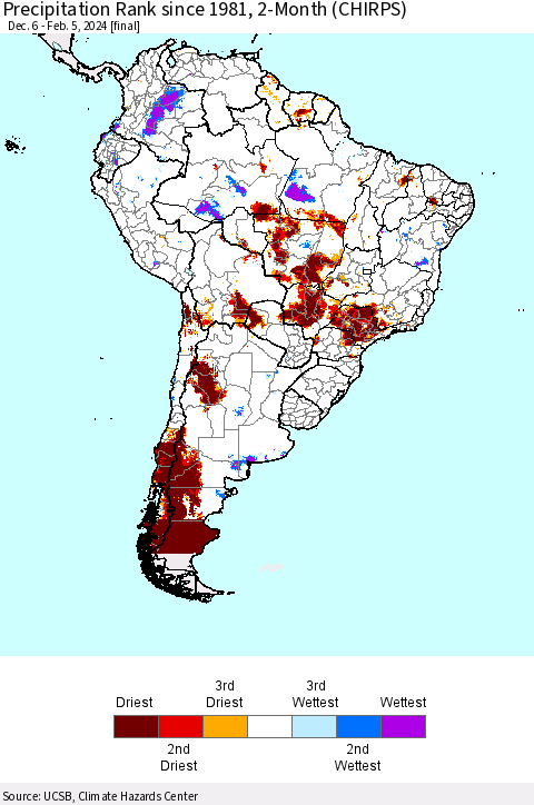 South America Precipitation Rank since 1981, 2-Month (CHIRPS) Thematic Map For 12/6/2023 - 2/5/2024