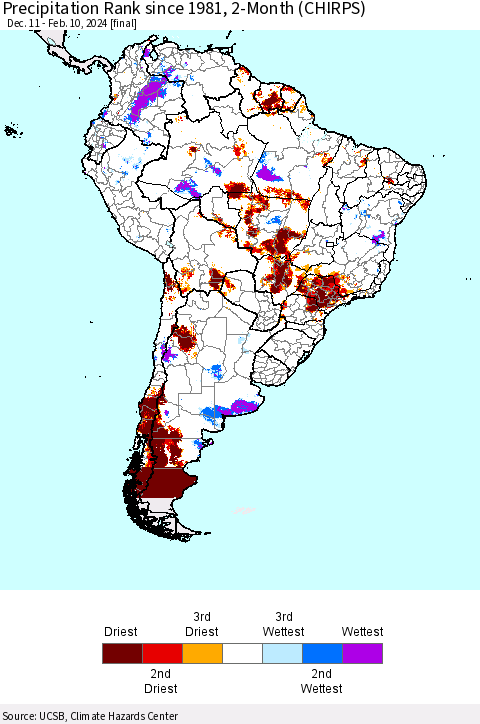 South America Precipitation Rank since 1981, 2-Month (CHIRPS) Thematic Map For 12/11/2023 - 2/10/2024