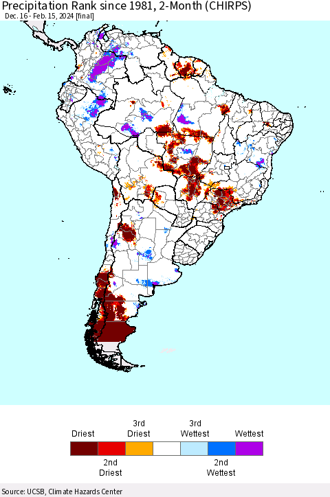 South America Precipitation Rank since 1981, 2-Month (CHIRPS) Thematic Map For 12/16/2023 - 2/15/2024