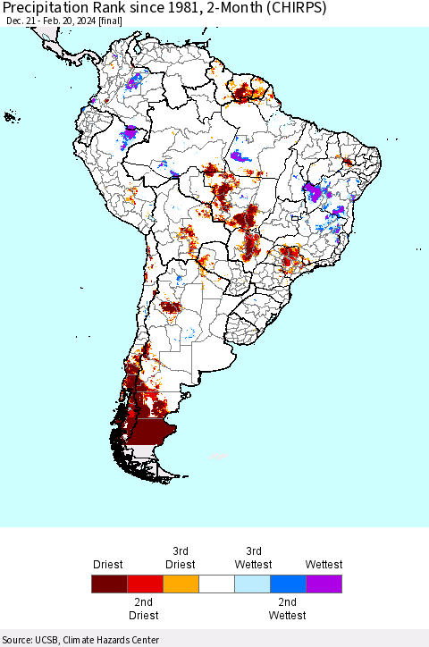 South America Precipitation Rank since 1981, 2-Month (CHIRPS) Thematic Map For 12/21/2023 - 2/20/2024