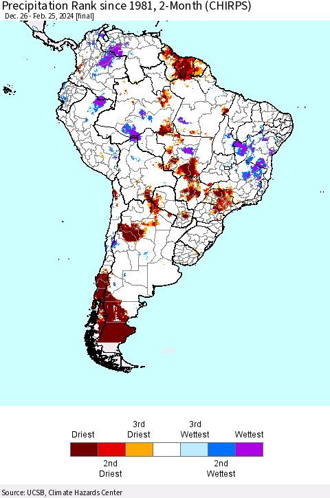 South America Precipitation Rank since 1981, 2-Month (CHIRPS) Thematic Map For 12/26/2023 - 2/25/2024