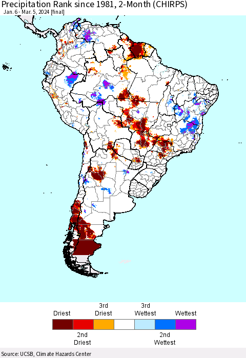 South America Precipitation Rank since 1981, 2-Month (CHIRPS) Thematic Map For 1/6/2024 - 3/5/2024