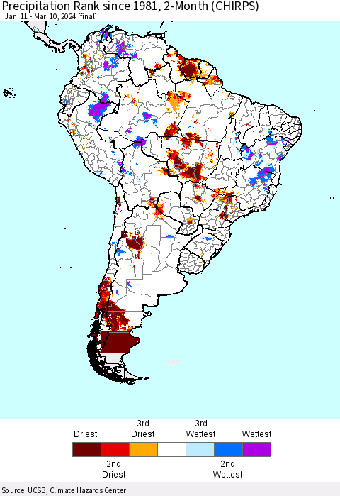 South America Precipitation Rank since 1981, 2-Month (CHIRPS) Thematic Map For 1/11/2024 - 3/10/2024