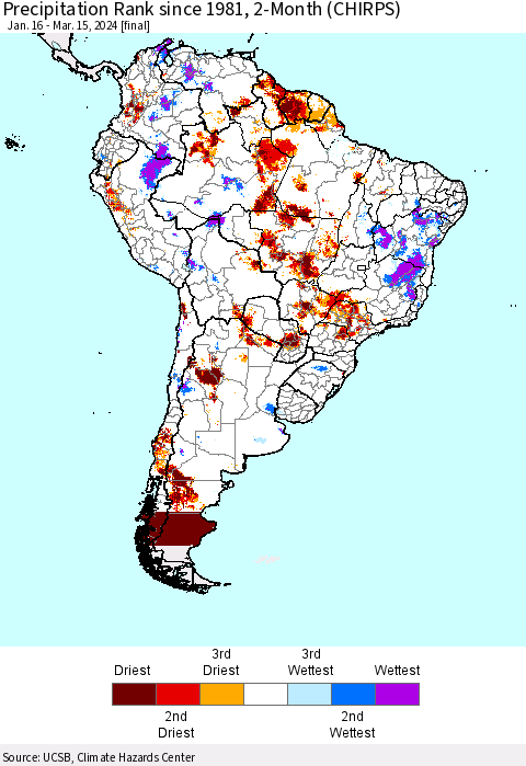 South America Precipitation Rank since 1981, 2-Month (CHIRPS) Thematic Map For 1/16/2024 - 3/15/2024