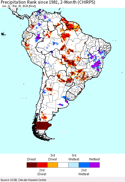 South America Precipitation Rank since 1981, 2-Month (CHIRPS) Thematic Map For 1/21/2024 - 3/20/2024