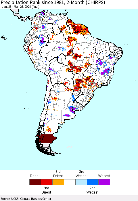 South America Precipitation Rank since 1981, 2-Month (CHIRPS) Thematic Map For 1/26/2024 - 3/25/2024