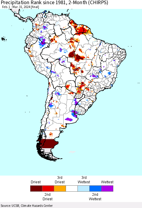 South America Precipitation Rank since 1981, 2-Month (CHIRPS) Thematic Map For 2/1/2024 - 3/31/2024