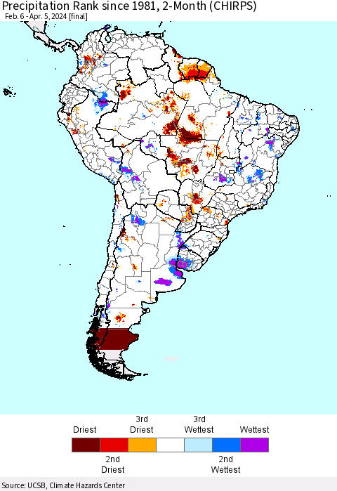 South America Precipitation Rank since 1981, 2-Month (CHIRPS) Thematic Map For 2/6/2024 - 4/5/2024