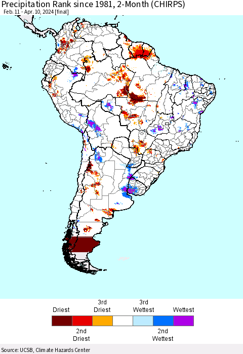South America Precipitation Rank since 1981, 2-Month (CHIRPS) Thematic Map For 2/11/2024 - 4/10/2024