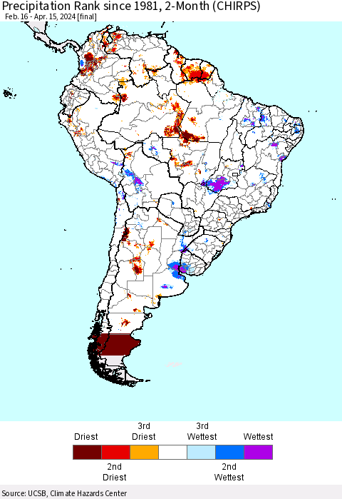South America Precipitation Rank since 1981, 2-Month (CHIRPS) Thematic Map For 2/16/2024 - 4/15/2024