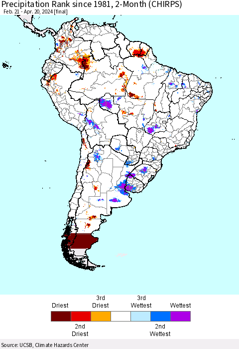 South America Precipitation Rank since 1981, 2-Month (CHIRPS) Thematic Map For 2/21/2024 - 4/20/2024
