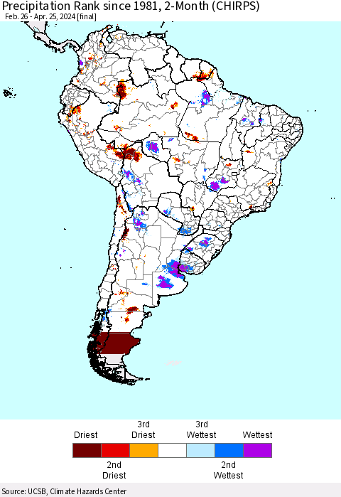 South America Precipitation Rank since 1981, 2-Month (CHIRPS) Thematic Map For 2/26/2024 - 4/25/2024