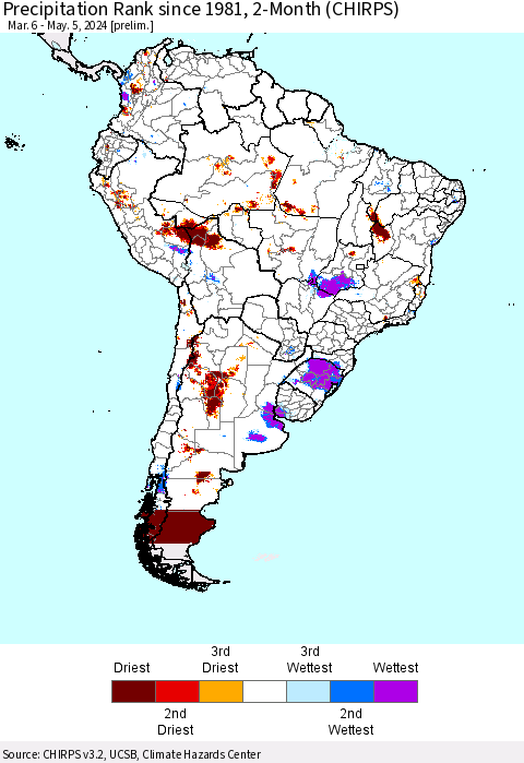 South America Precipitation Rank since 1981, 2-Month (CHIRPS) Thematic Map For 3/6/2024 - 5/5/2024