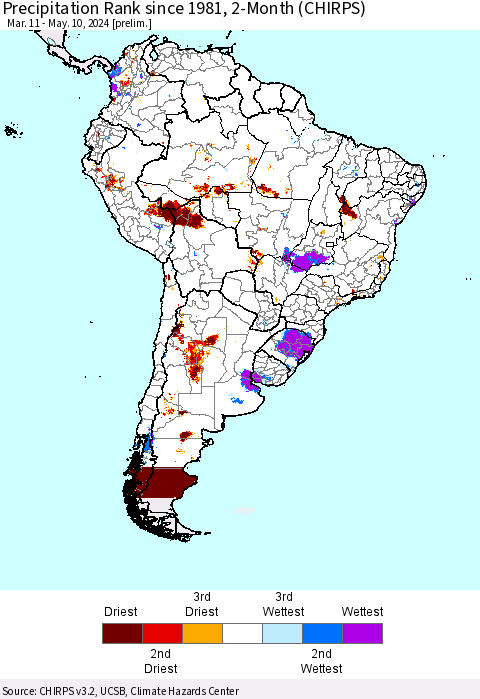 South America Precipitation Rank since 1981, 2-Month (CHIRPS) Thematic Map For 3/11/2024 - 5/10/2024