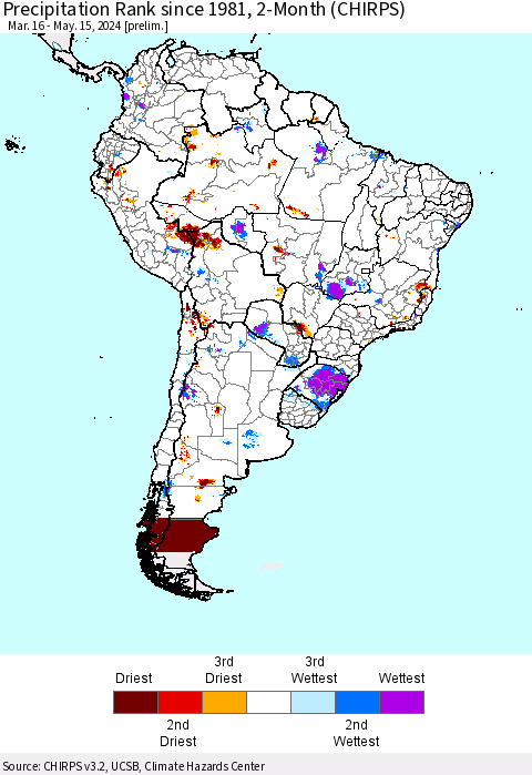 South America Precipitation Rank since 1981, 2-Month (CHIRPS) Thematic Map For 3/16/2024 - 5/15/2024
