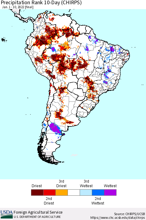 South America Precipitation Rank since 1981, 10-Day (CHIRPS) Thematic Map For 1/1/2022 - 1/10/2022