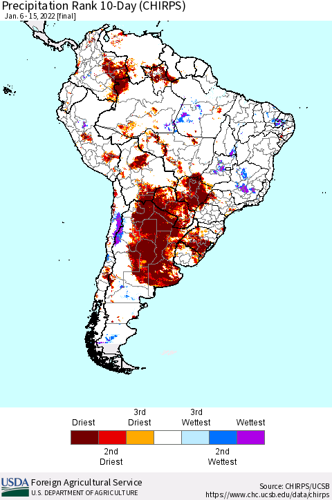 South America Precipitation Rank since 1981, 10-Day (CHIRPS) Thematic Map For 1/6/2022 - 1/15/2022