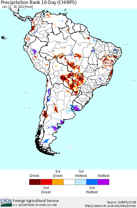 South America Precipitation Rank since 1981, 10-Day (CHIRPS) Thematic Map For 1/11/2022 - 1/20/2022
