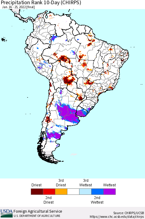 South America Precipitation Rank since 1981, 10-Day (CHIRPS) Thematic Map For 1/16/2022 - 1/25/2022