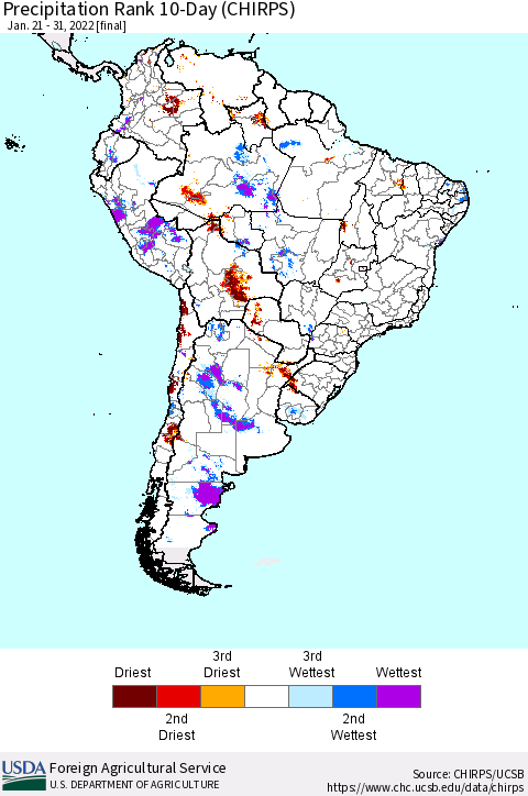 South America Precipitation Rank since 1981, 10-Day (CHIRPS) Thematic Map For 1/21/2022 - 1/31/2022