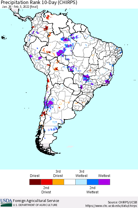 South America Precipitation Rank since 1981, 10-Day (CHIRPS) Thematic Map For 1/26/2022 - 2/5/2022
