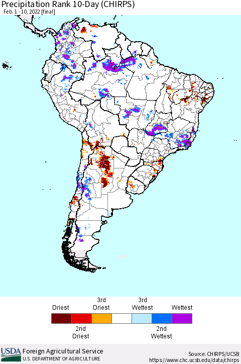 South America Precipitation Rank since 1981, 10-Day (CHIRPS) Thematic Map For 2/1/2022 - 2/10/2022