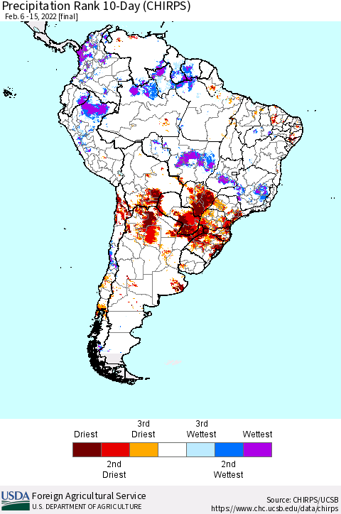 South America Precipitation Rank since 1981, 10-Day (CHIRPS) Thematic Map For 2/6/2022 - 2/15/2022