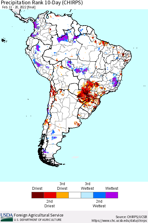 South America Precipitation Rank since 1981, 10-Day (CHIRPS) Thematic Map For 2/11/2022 - 2/20/2022