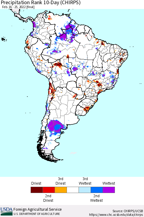 South America Precipitation Rank since 1981, 10-Day (CHIRPS) Thematic Map For 2/16/2022 - 2/25/2022