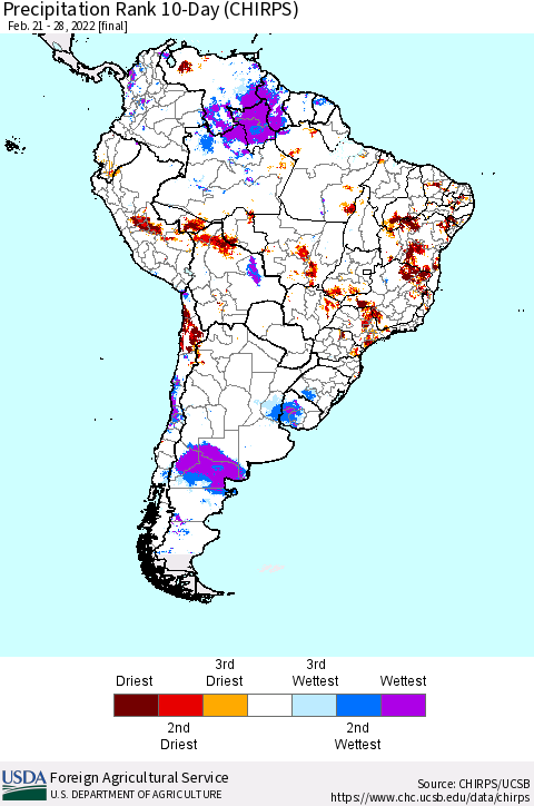 South America Precipitation Rank since 1981, 10-Day (CHIRPS) Thematic Map For 2/21/2022 - 2/28/2022