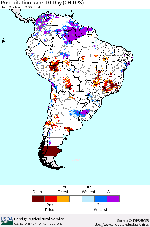 South America Precipitation Rank since 1981, 10-Day (CHIRPS) Thematic Map For 2/26/2022 - 3/5/2022